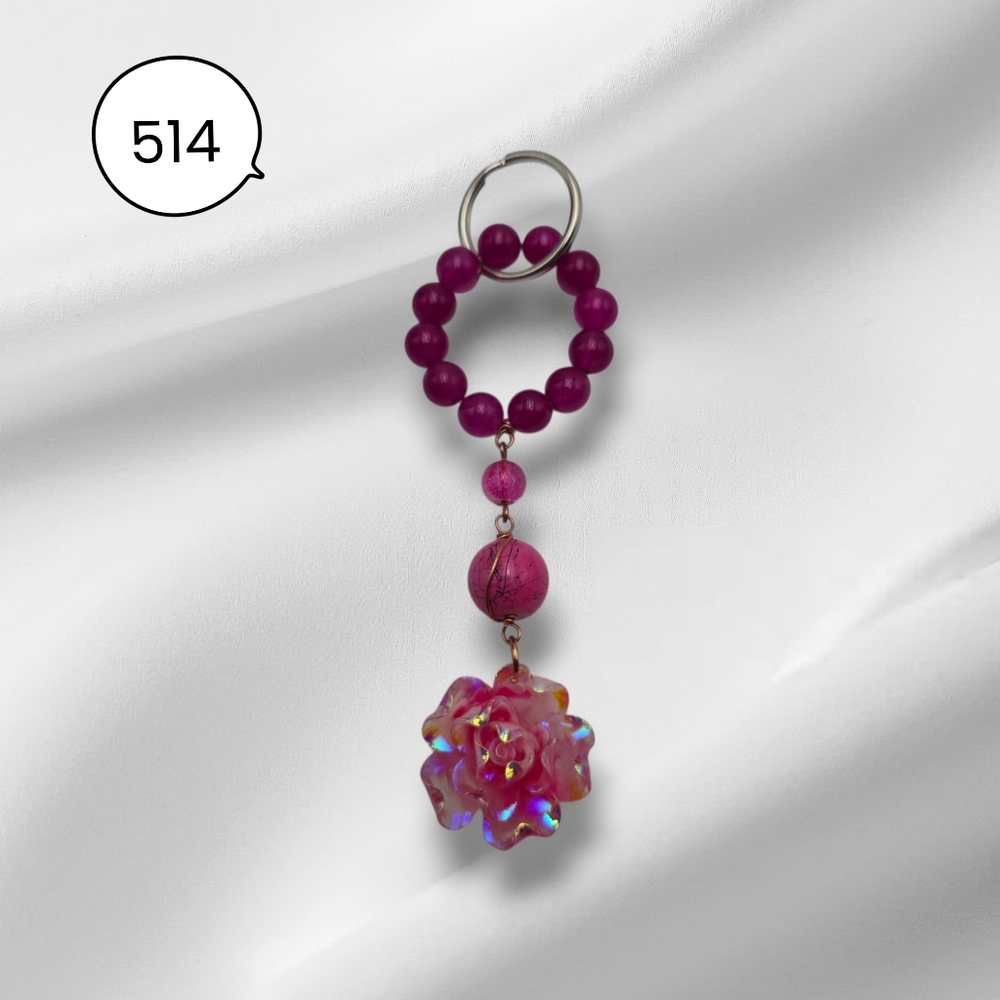 Handmade Hot Pink Beaded Keychain with Iridescent Rose Pendant